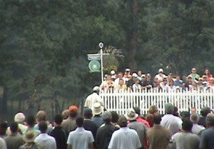 View of Tiger Woods on 1st green from the VIP Chalet 